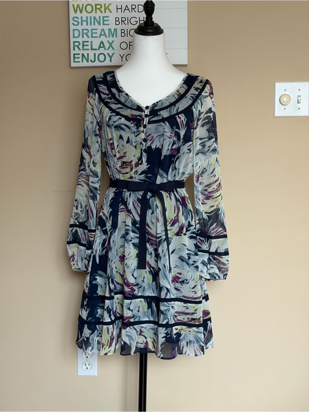 Armani Exchange Navy Multicolor Floral Long-Sleeve Tie-Waist Dress